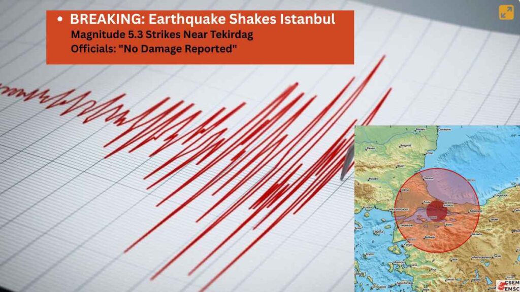 A map of the Marmara region in Turkey showing the epicenter of the earthquake near Tekirdag.